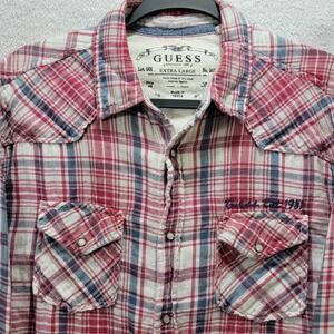 Guess Western Rockabilly Men's L Plaid Long Sleeve Lined Snap Buttons Embroidery